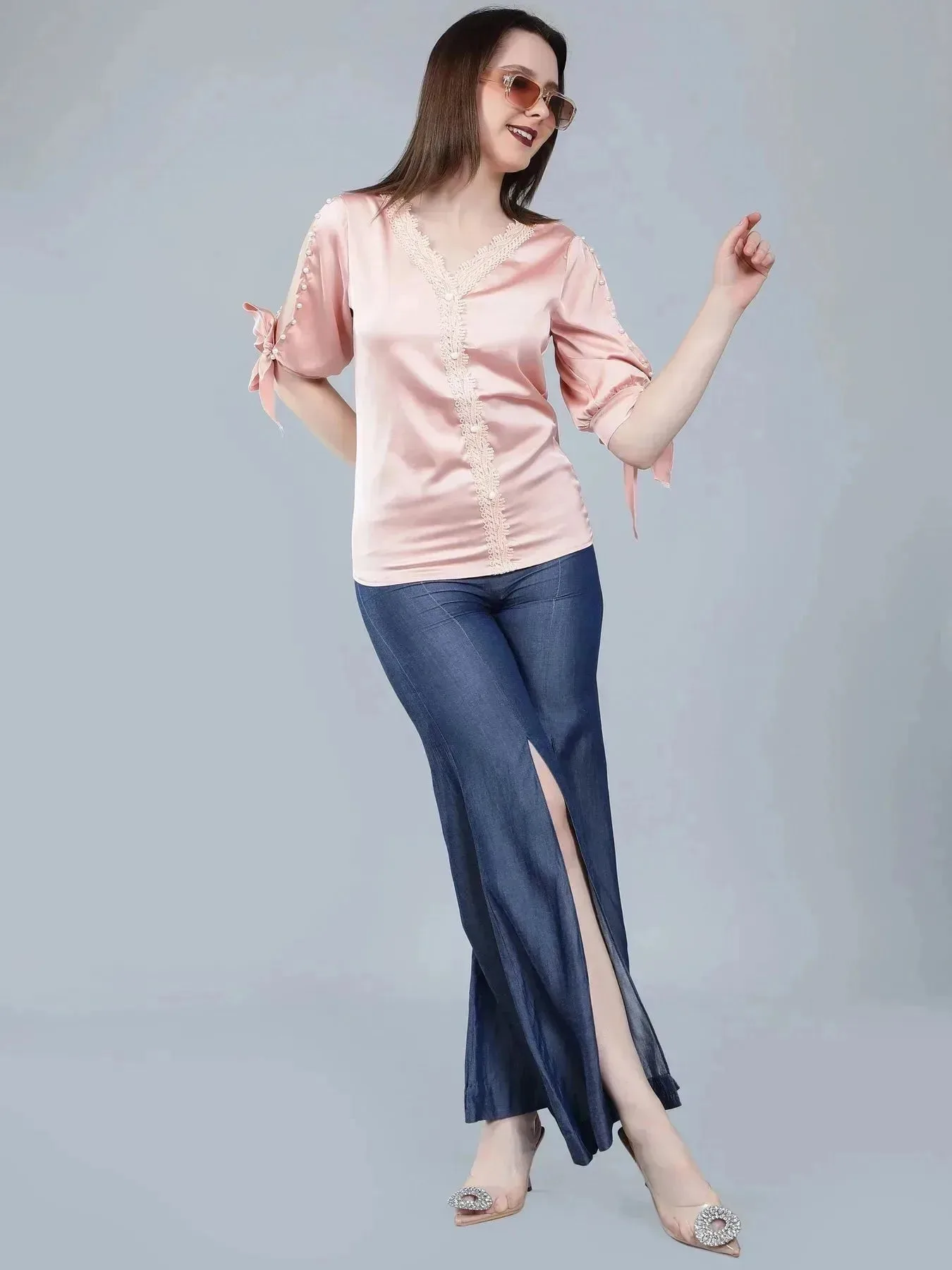 Pearl Knotted Slit Sleeve Blouse - Image 5