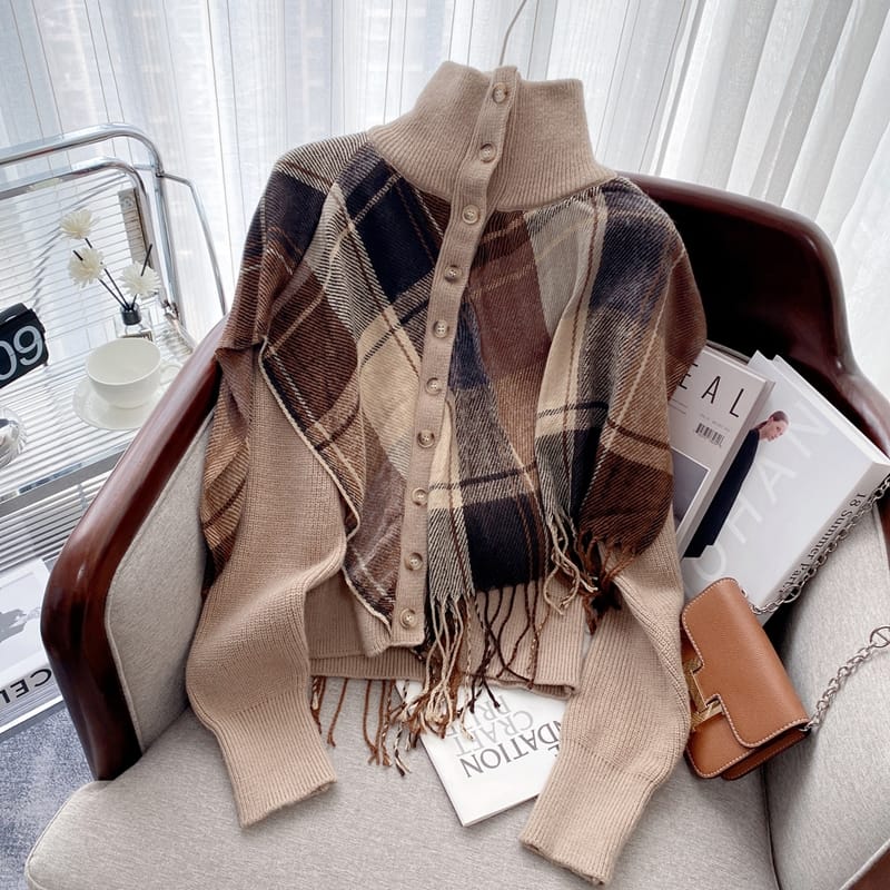 Plaid Cape Knitted Cardigan - Image 6